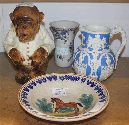 French earthenware bowl and French vase, pottery monkey jug + a Victorian jug